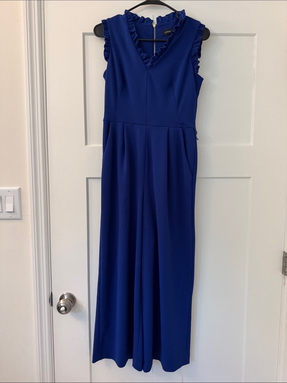 Andrew Marc Royal Blue Sleeveless Ruffle V-Neck Maxi Dress